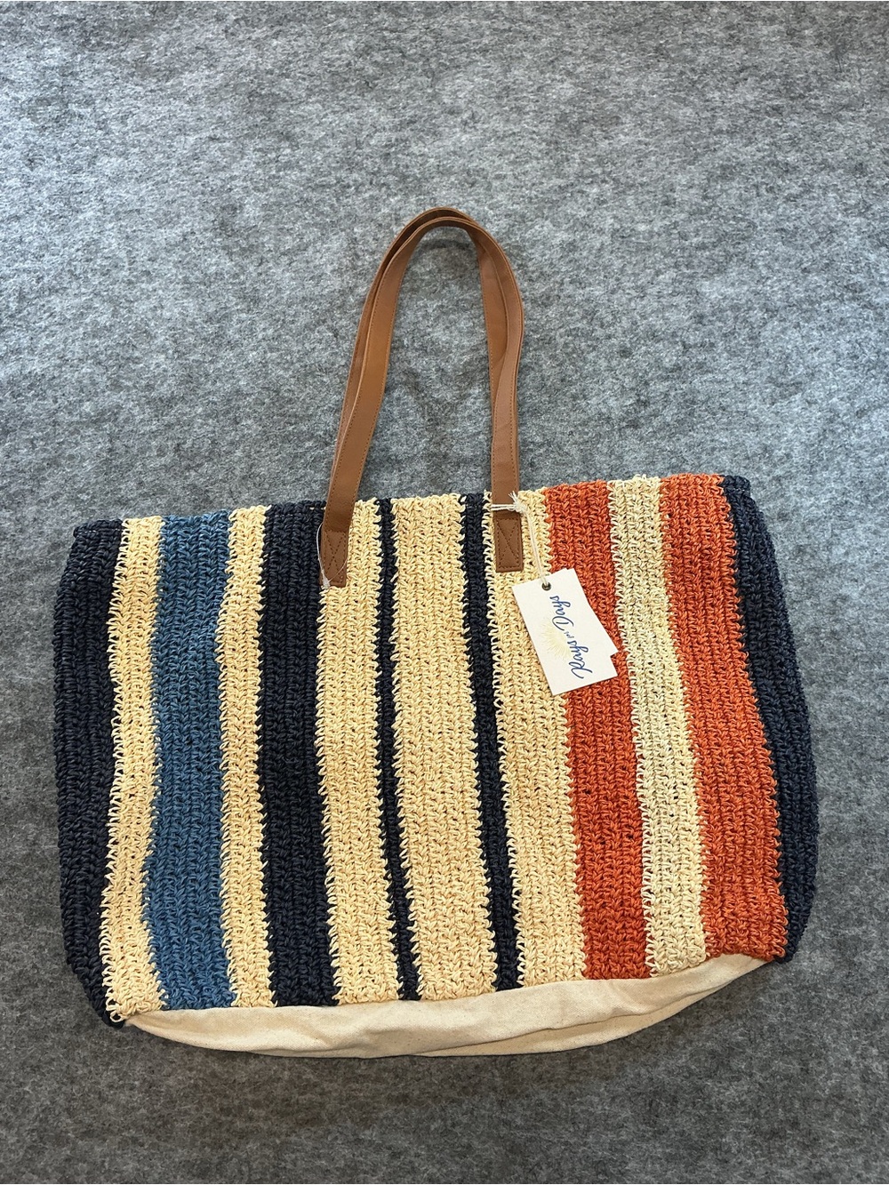 Rays for Days Striped Crochet Tote Bag with Leather Handles - Multicolor